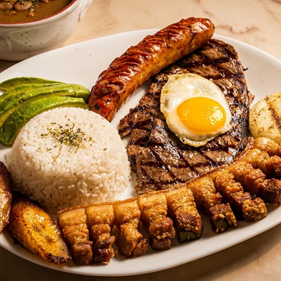 A large platter of Colombian bandeja paisa with steak, sausage, egg, rice, avocado, plantains, and chicharron.