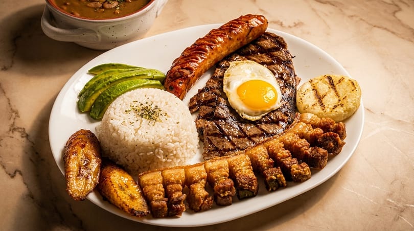 A large platter of Colombian Bandeja Paisa with steak, sausage, egg, rice, avocado, plantains, and chicharron.