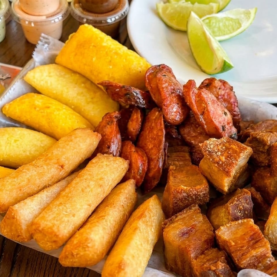 A tray of fried empanadas, sausages, and pork belly, with sauces and lime wedges.