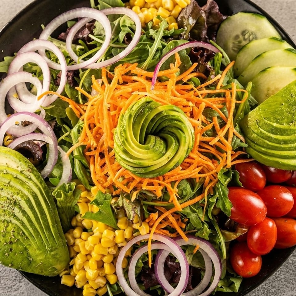 Vibrant salad with avocado, cherry tomatoes, corn, red onion, cucumber, and shredded carrots.