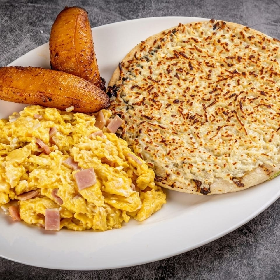 A white plate with scrambled eggs, ham, two fried plantains, and a cheesy flatbread.