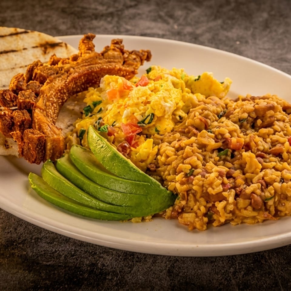 A white plate with grilled arepa, crispy chicharron, scrambled eggs, rice, and sliced avocado.